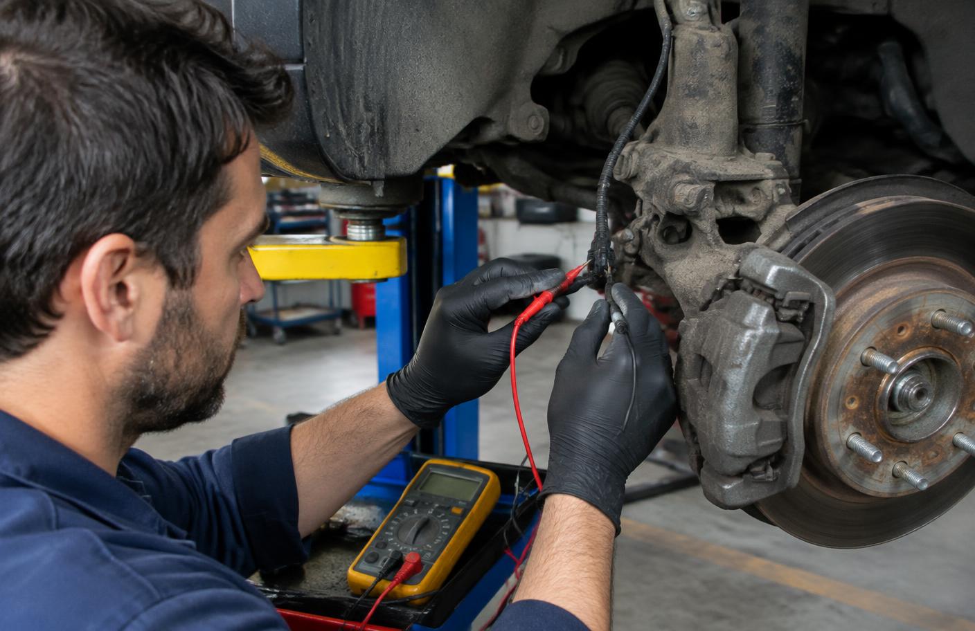 Mechanik mierzący multimetrem przewody czujnika ABS przy piaście koła