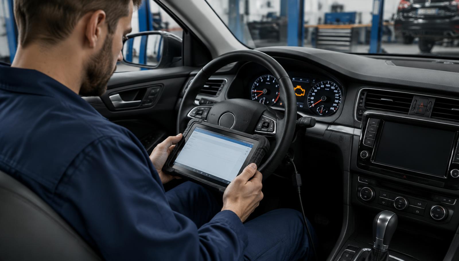 Mechanik z testerem diagnostycznym podłączonym do gniazda OBD samochodu