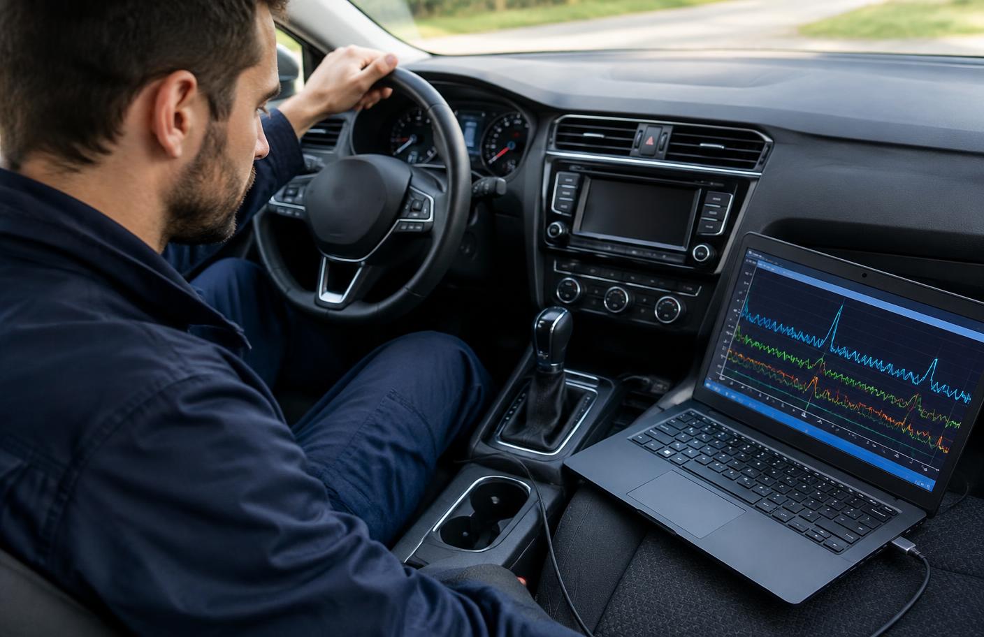 Mechanik analizujący wykresy live data na laptopie podczas jazdy próbnej