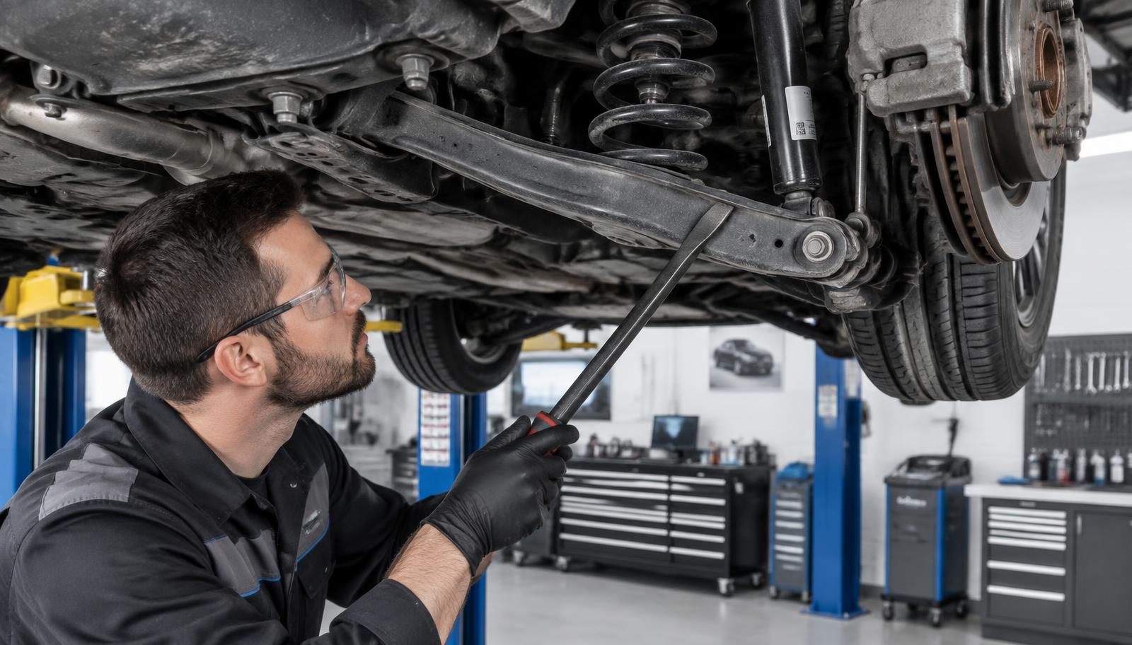 Mechanik sprawdzający luzy zawieszenia łyżką montażową pod autem na podnośniku