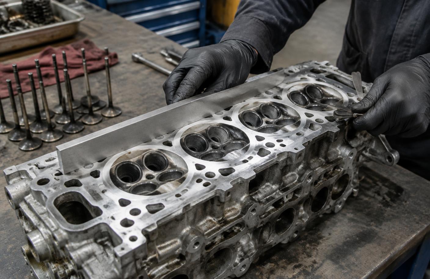 Mechanik sprawdzający płaskość głowicy cylindrów liniałem i szczelinomierzem