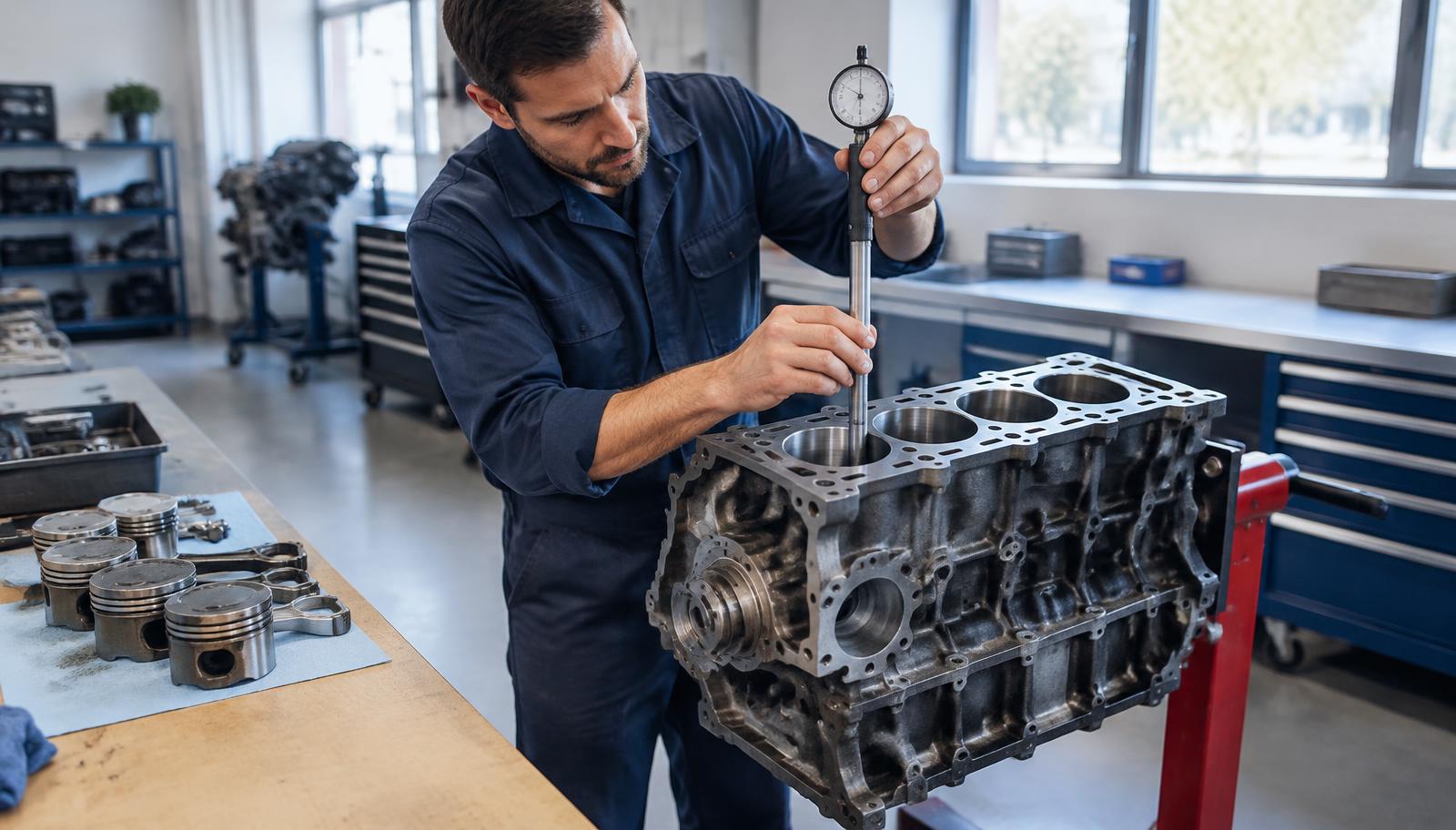 Mechanik mierzący średnicę cylindra w bloku silnika