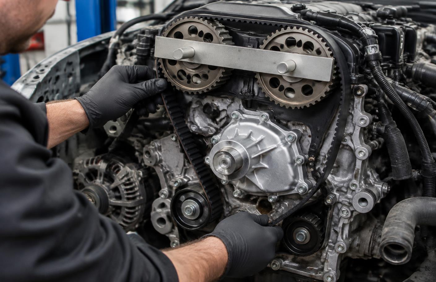 Mechanik montujący pasek rozrządu z blokadami wałków rozrządu