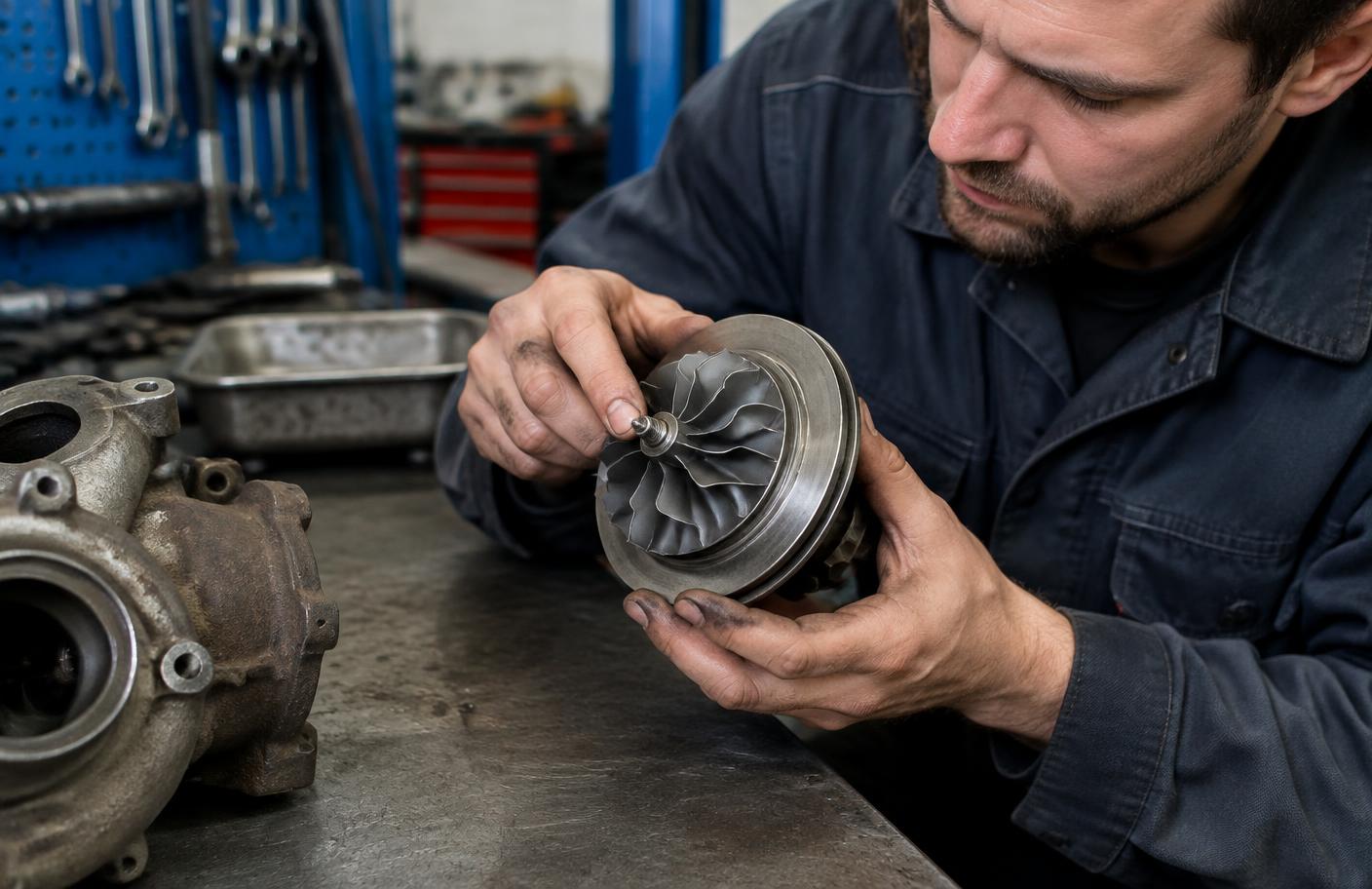Mechanik sprawdzający luz wirnika turbosprężarki diesla