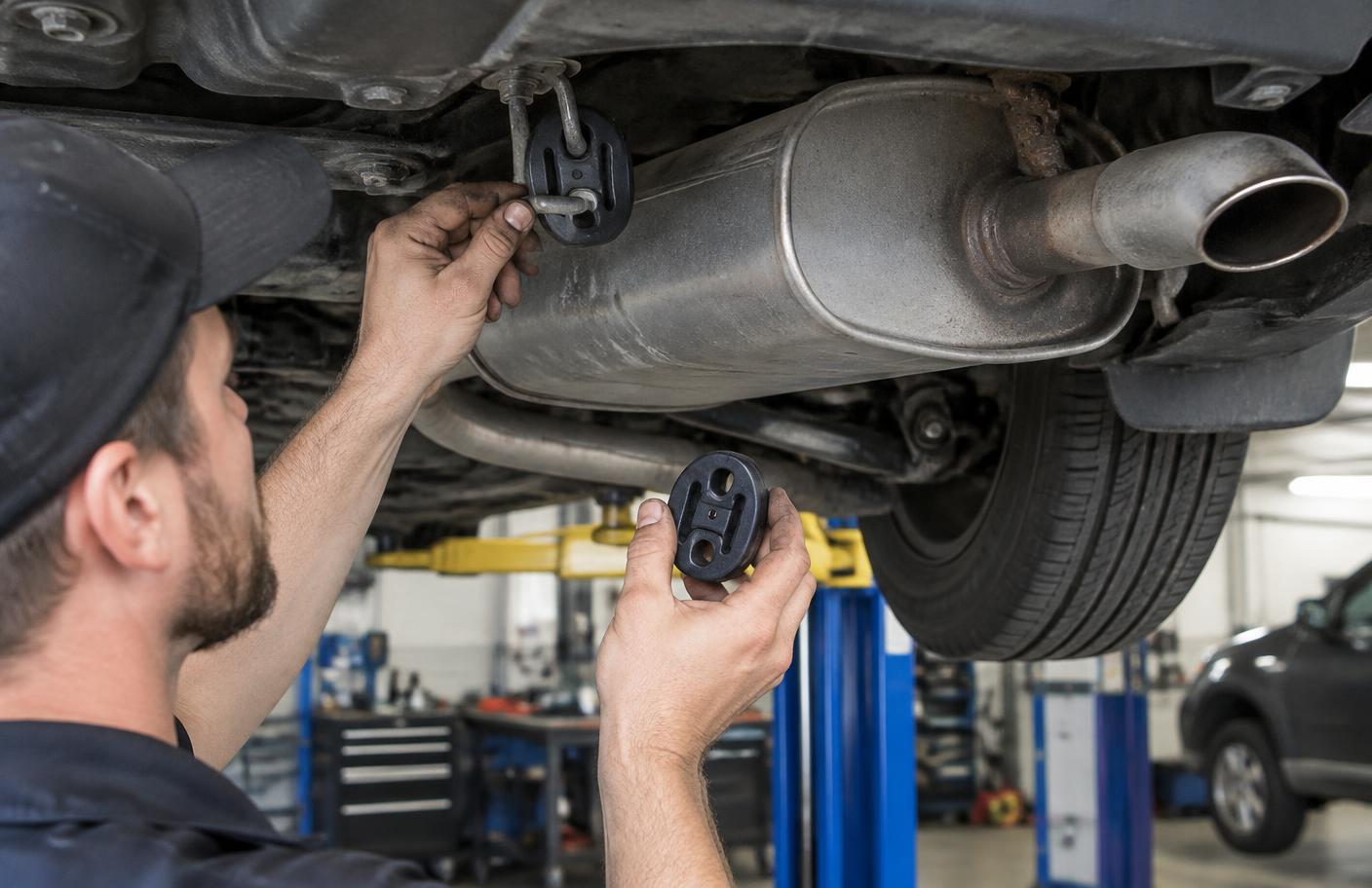 Mechanik wymieniający gumowe wieszaki tylnego tłumika
