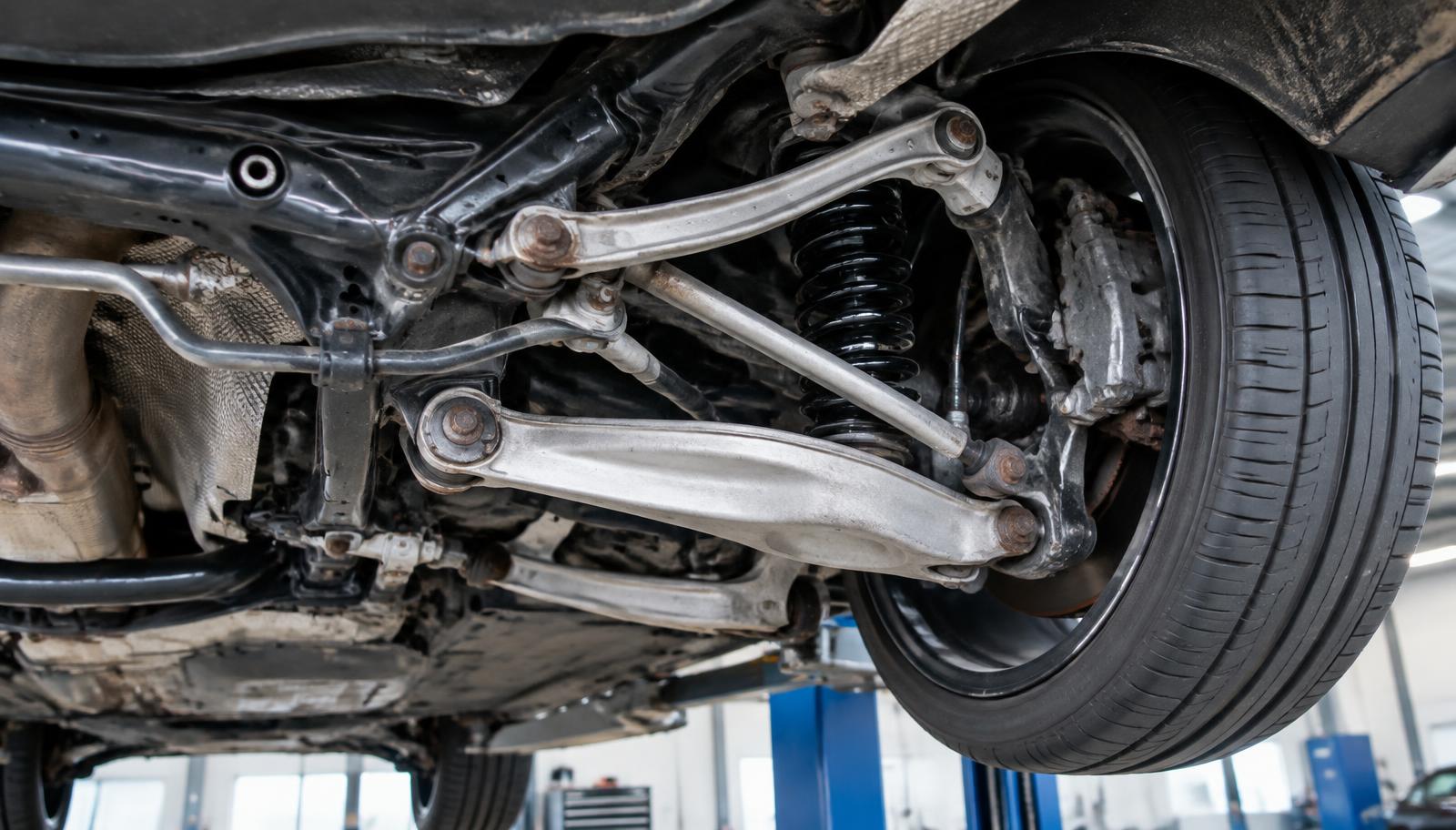 Tylne zawieszenie wielowahaczowe z aluminiowymi wahaczami widziane od spodu