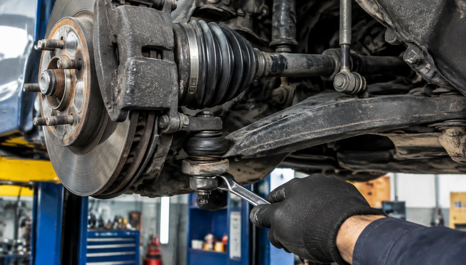 Mechanik odkręca końcówkę drążka przy piaście koła, widoczna osłona przegubu półosi