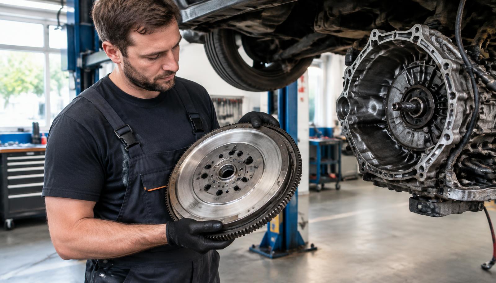 Mechanik trzymający zdemontowane koło dwumasowe przy skrzyni biegów