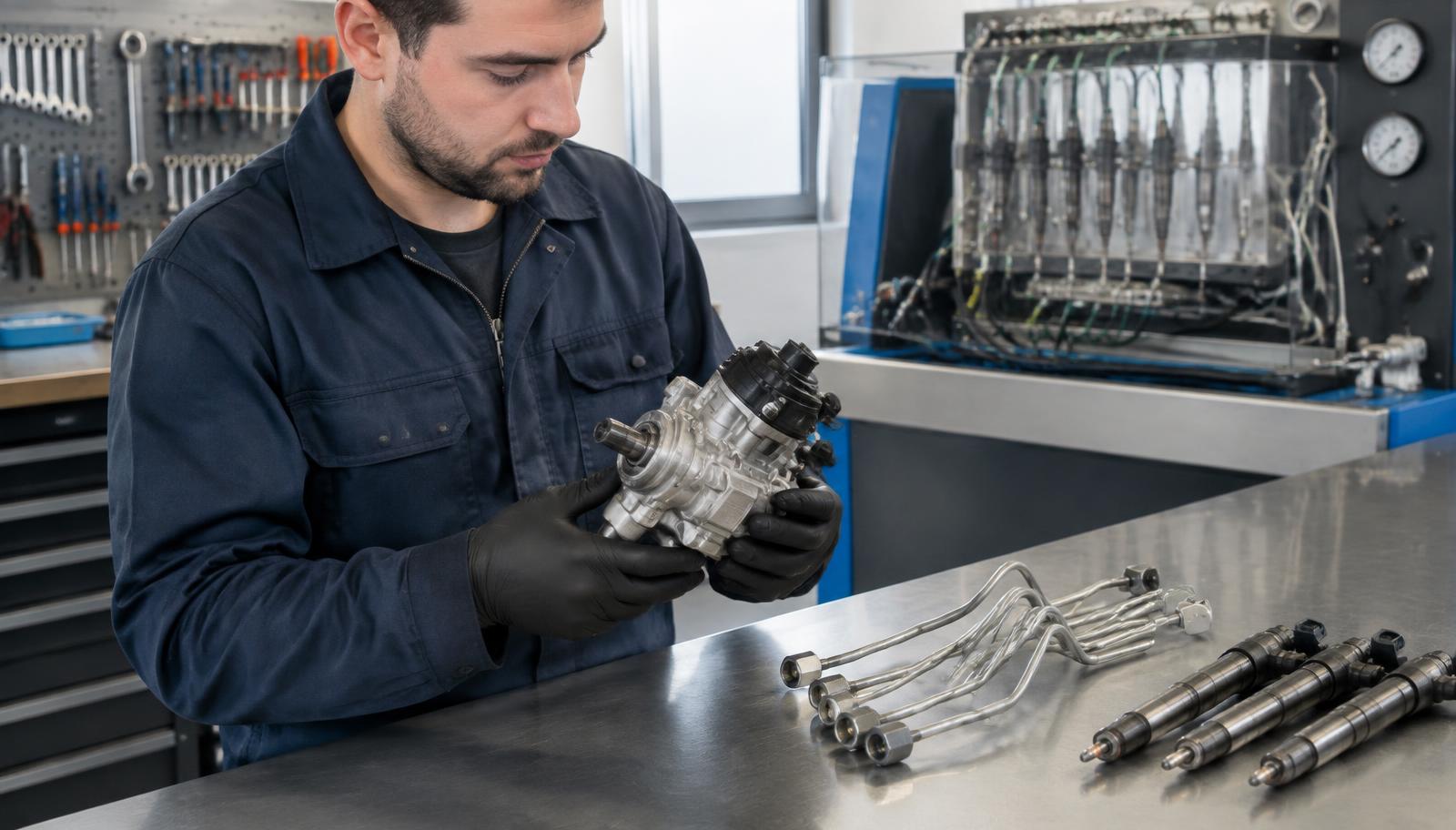 Mechanik oglądający pompę wysokiego ciśnienia Common Rail na stole warsztatowym
