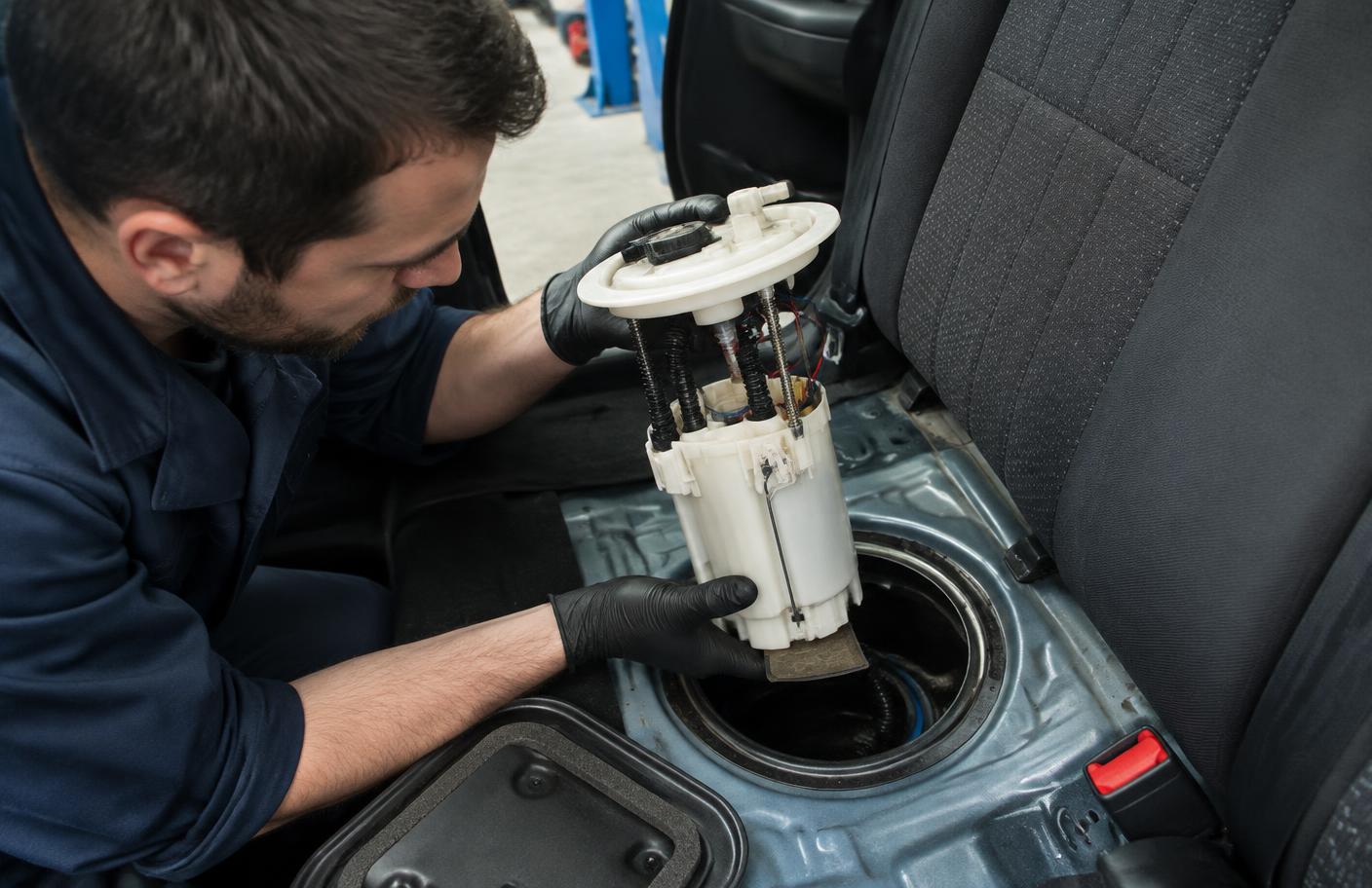 Mechanik wyjmujący moduł pompy paliwa ze zbiornika spod tylnej kanapy