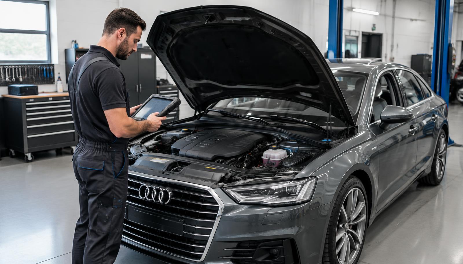 Mechanik z testerem diagnostycznym przy Audi A6