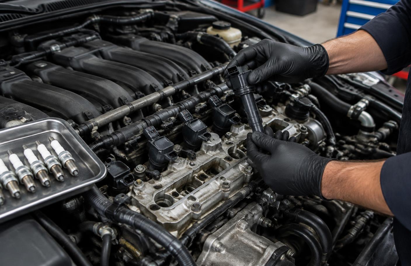Mechanik wymieniający cewkę zapłonową w sześciocylindrowym silniku BMW