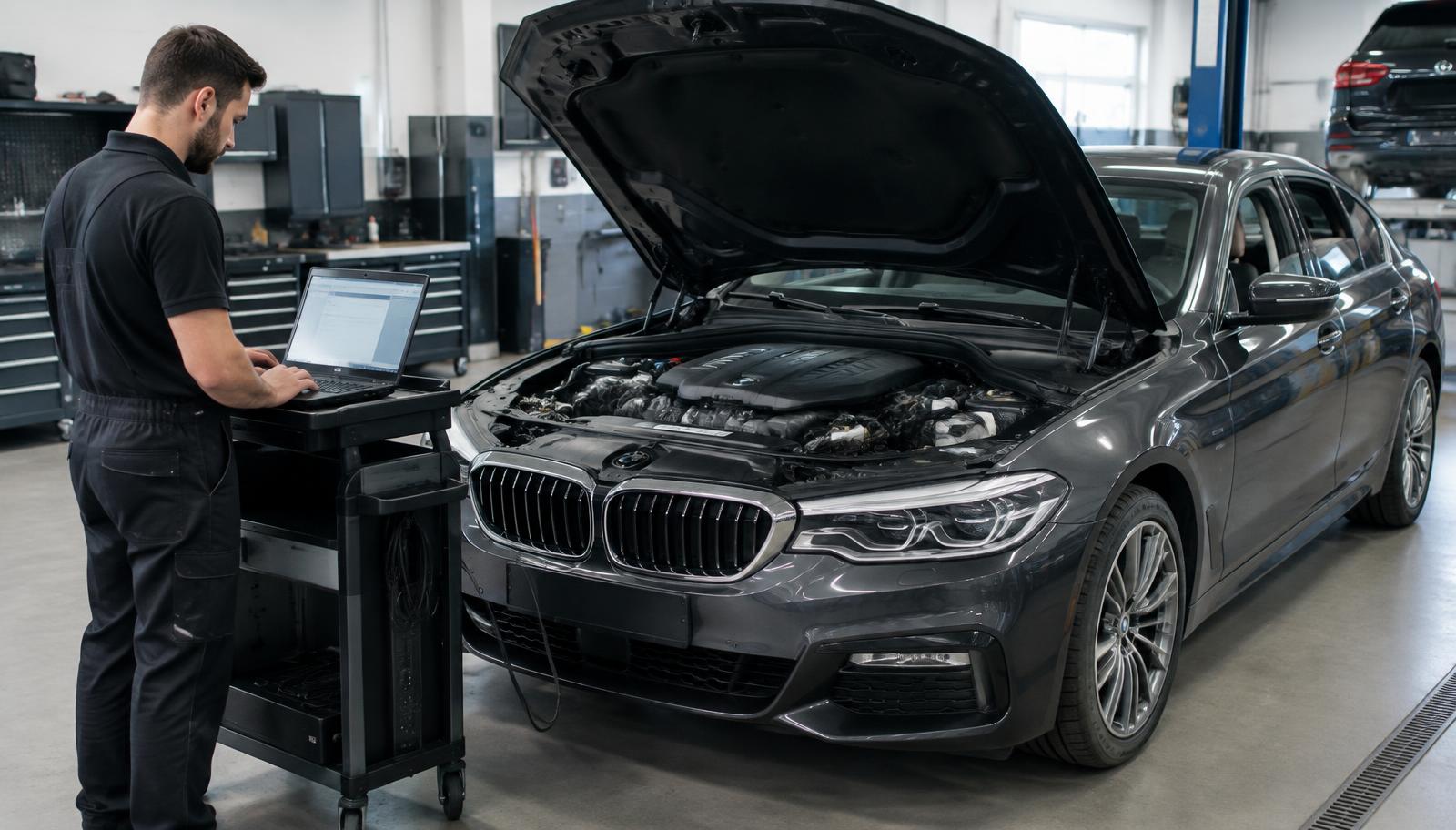 Mechanik z laptopem diagnostycznym przy BMW serii 5