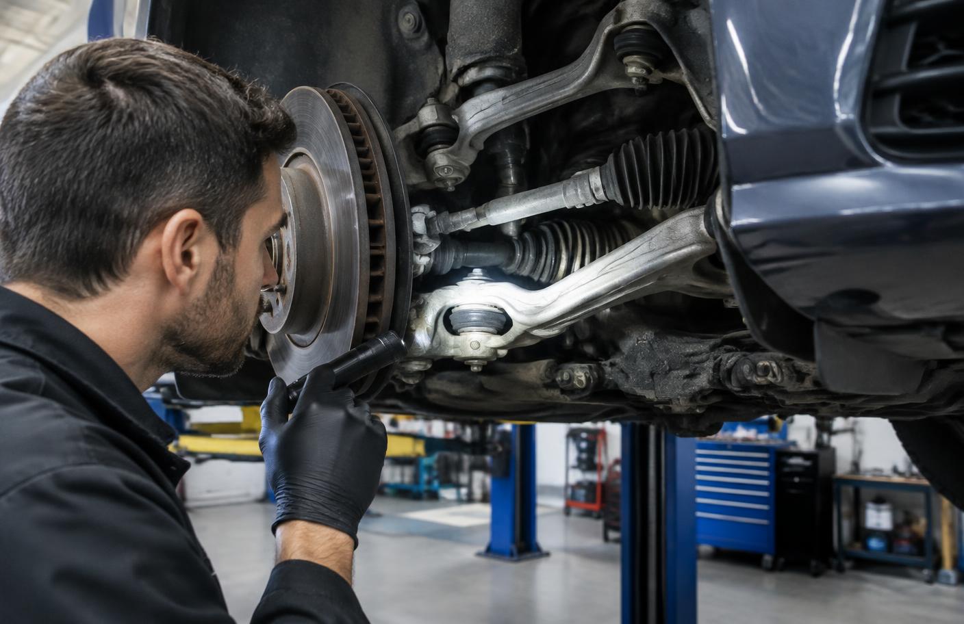 Mechanik sprawdzający tuleje wahaczy przedniego zawieszenia BMW