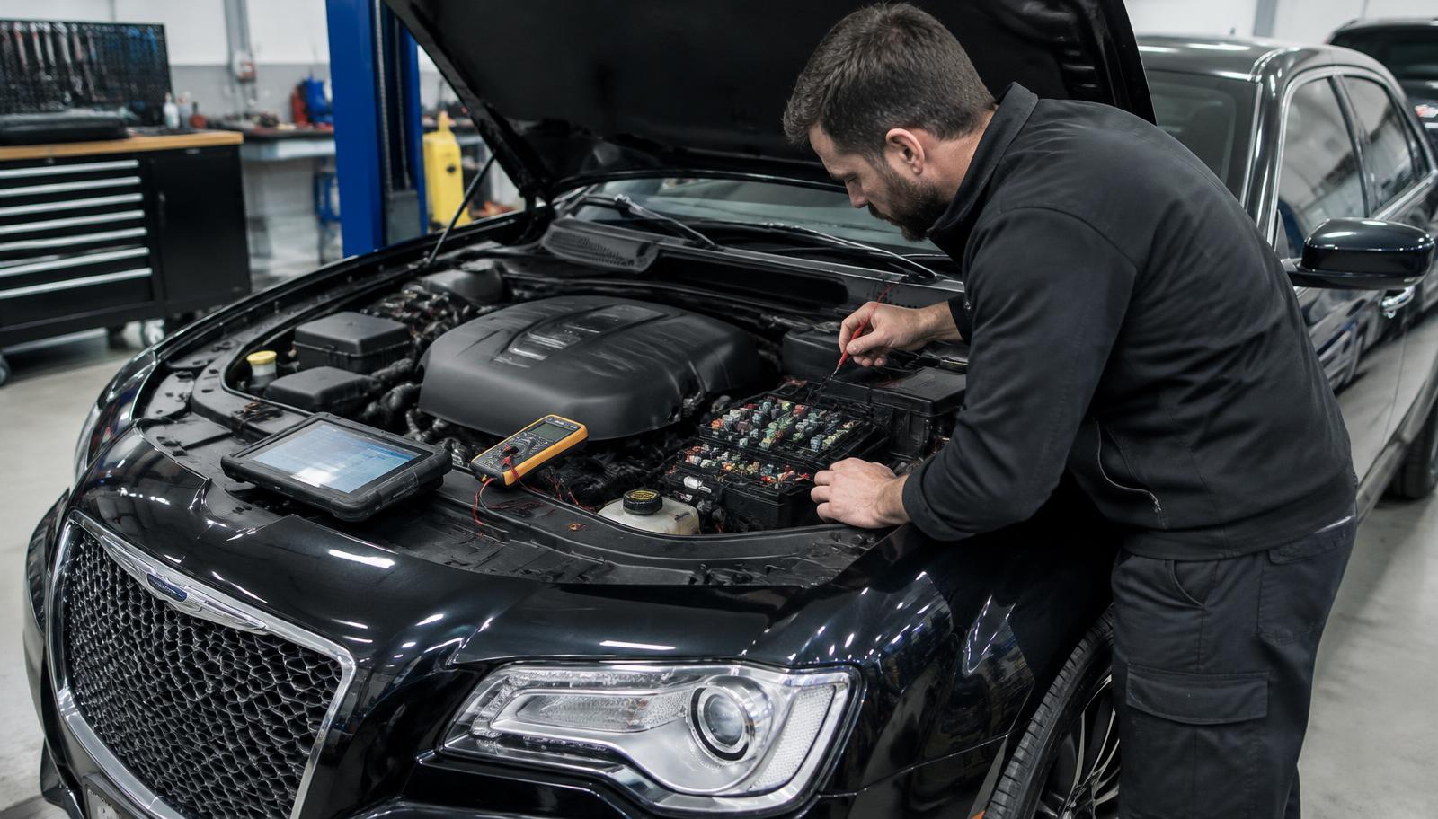 Elektromechanik sprawdzający moduł zasilania w Chryslerze 300C