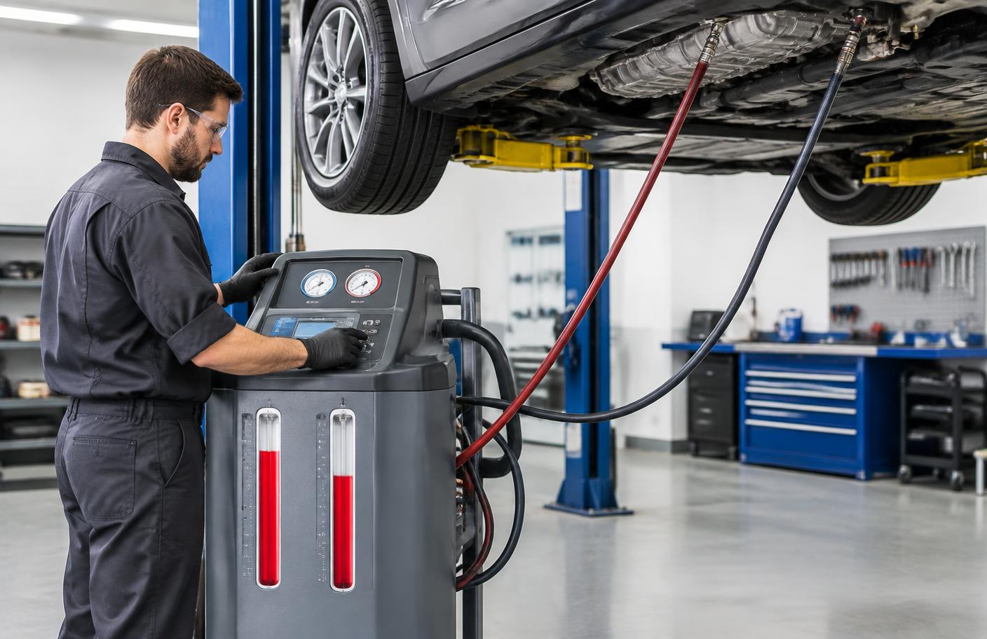 Mechanik wykonujący dynamiczną wymianę oleju w skrzyni automatycznej
