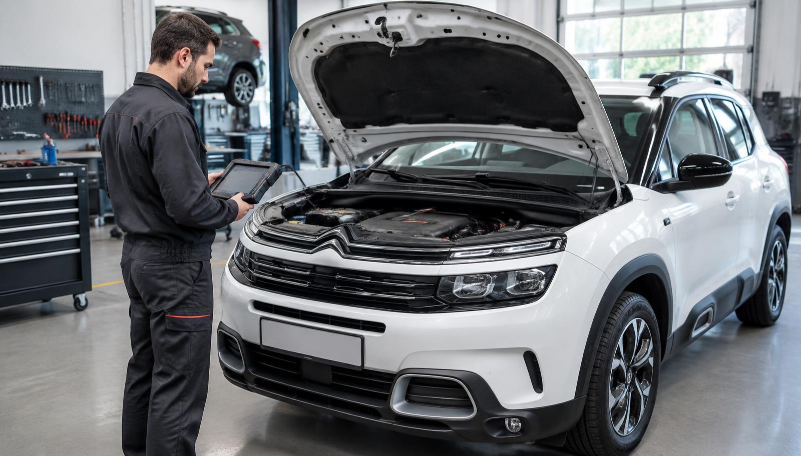 Mechanik z testerem diagnostycznym przy Citroënie C5 Aircross