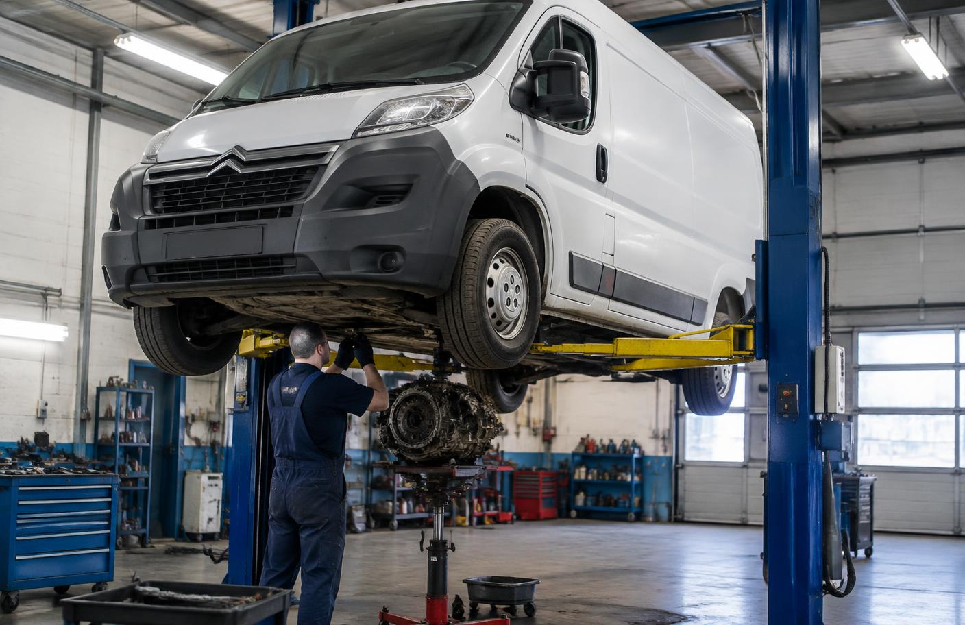 Citroën Jumper na wysokim podnośniku podczas wymiany sprzęgła