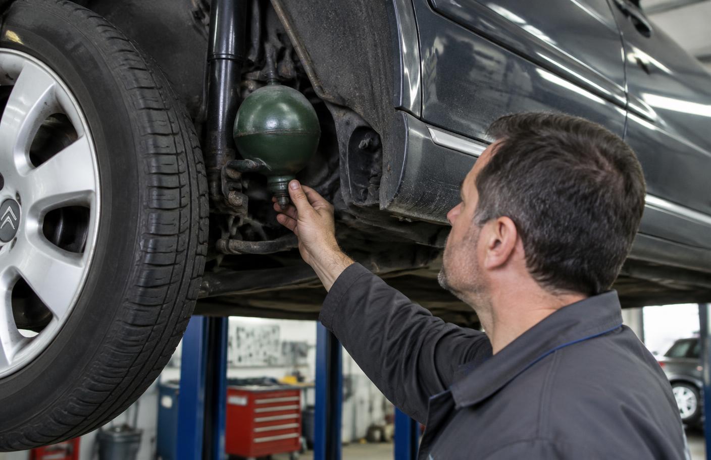 Mechanik sprawdzający sferę zawieszenia hydropneumatycznego Citroëna C5