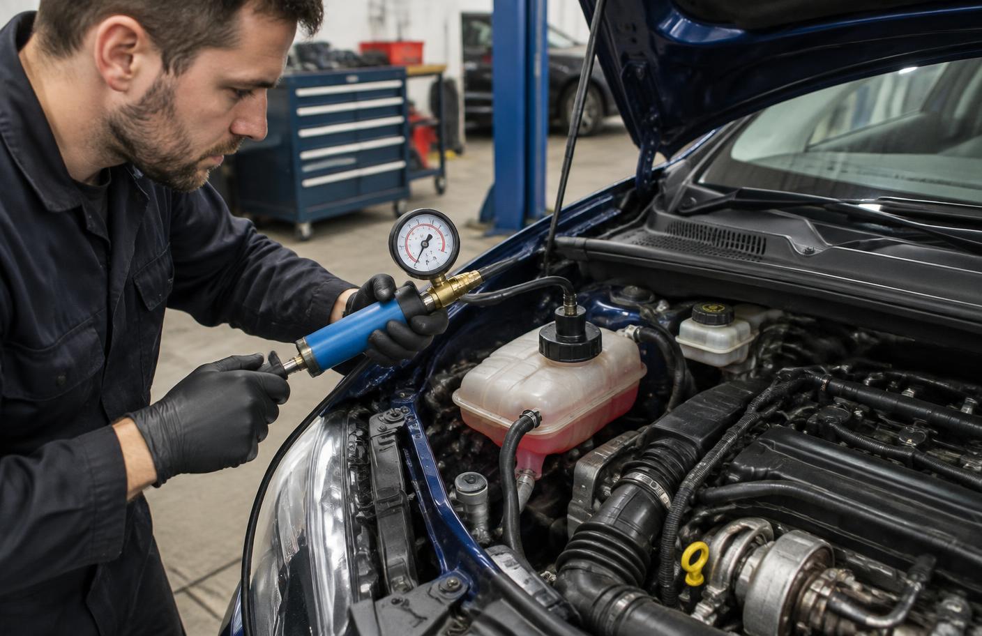 Mechanik wykonujący test ciśnieniowy układu chłodzenia w silniku Forda