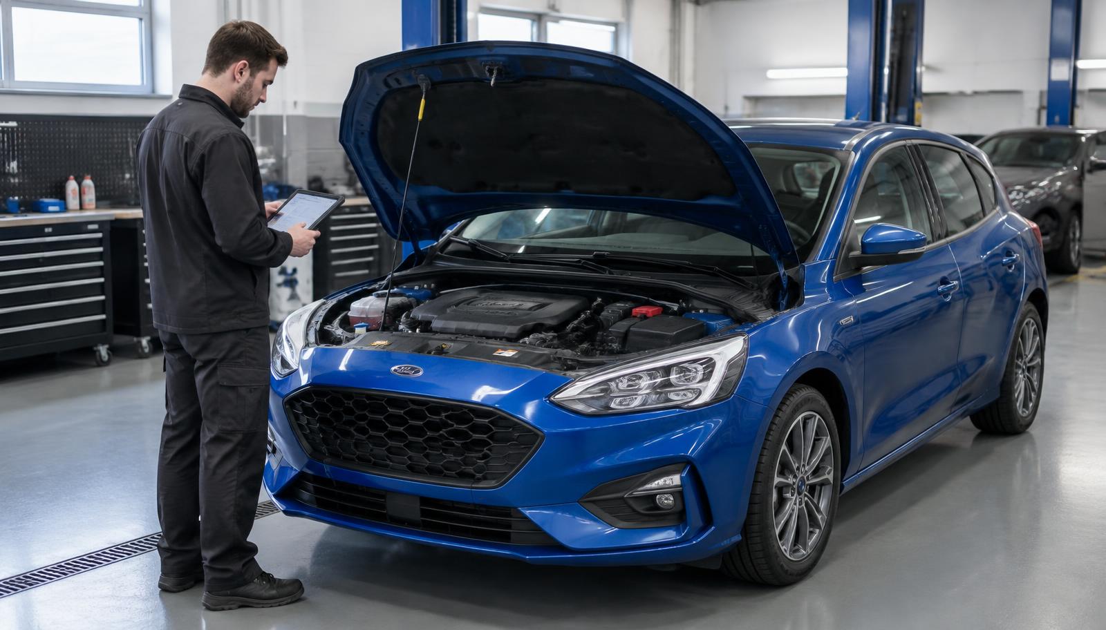 Mechanik z tabletem diagnostycznym przy niebieskim Fordzie Focusie z otwartą maską
