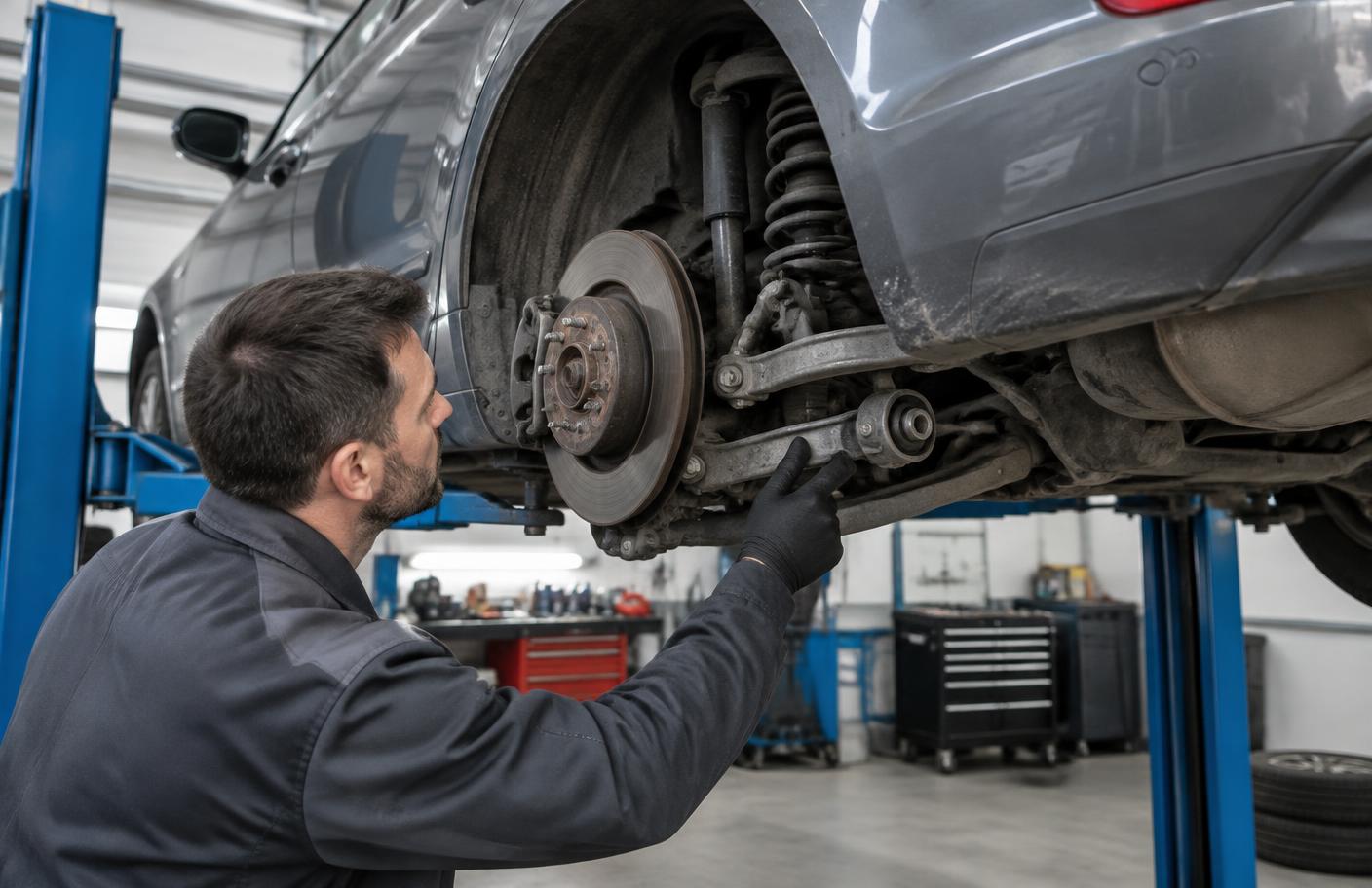 Mechanik sprawdzający tuleje tylnego zawieszenia Forda Mondeo na podnośniku