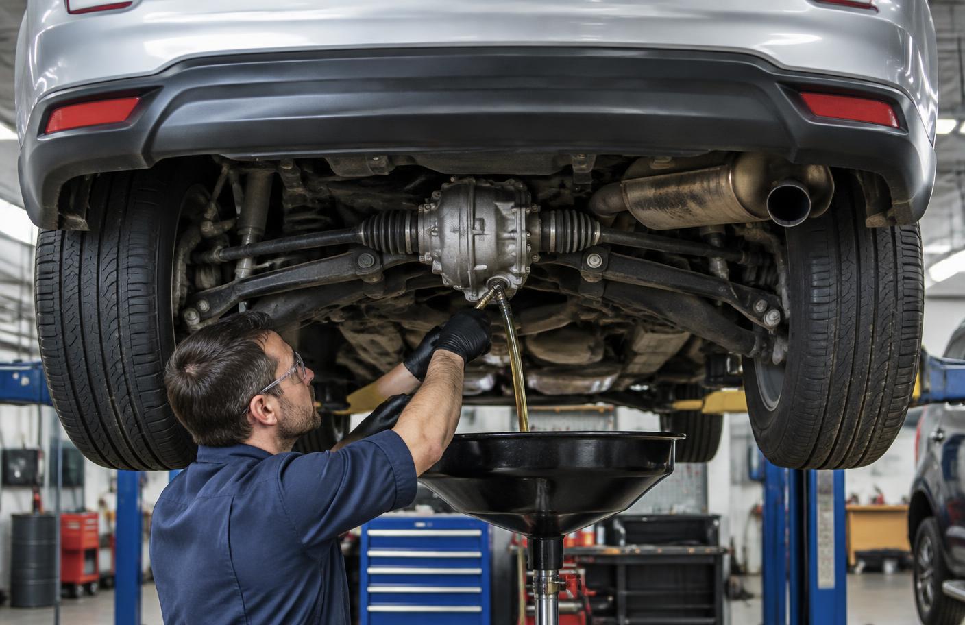 Mechanik wymieniający płyn w tylnym dyferencjale Hondy CR-V na podnośniku