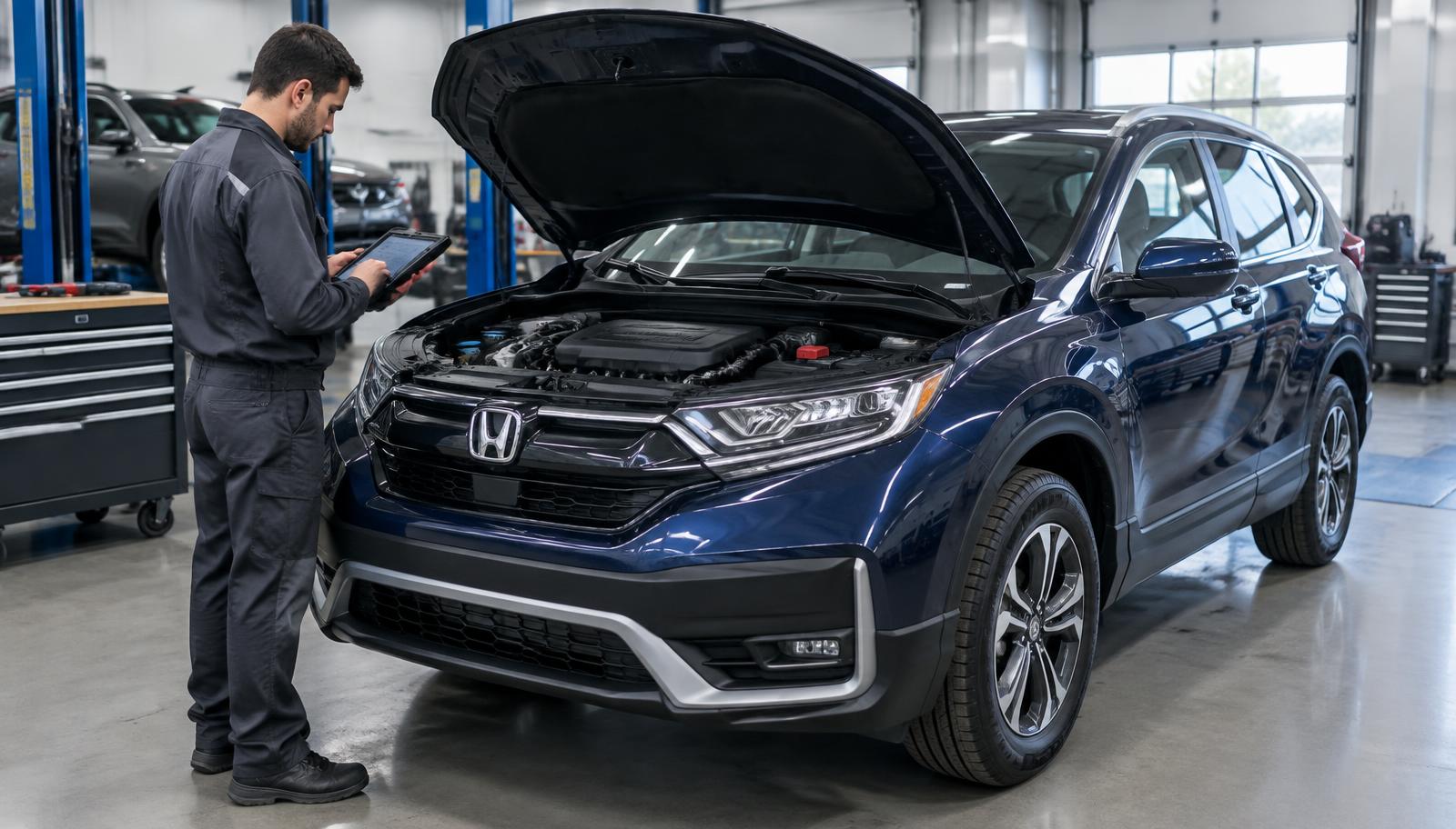 Mechanik z tabletem diagnostycznym przy granatowej Hondzie CR-V z otwartą maską
