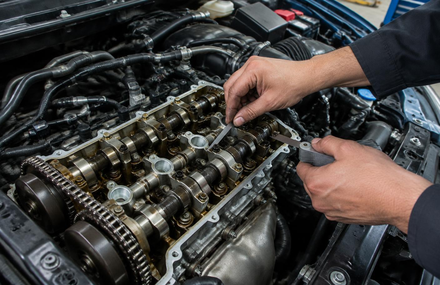 Mechanik regulujący luzy zaworowe szczelinomierzem w silniku Hondy