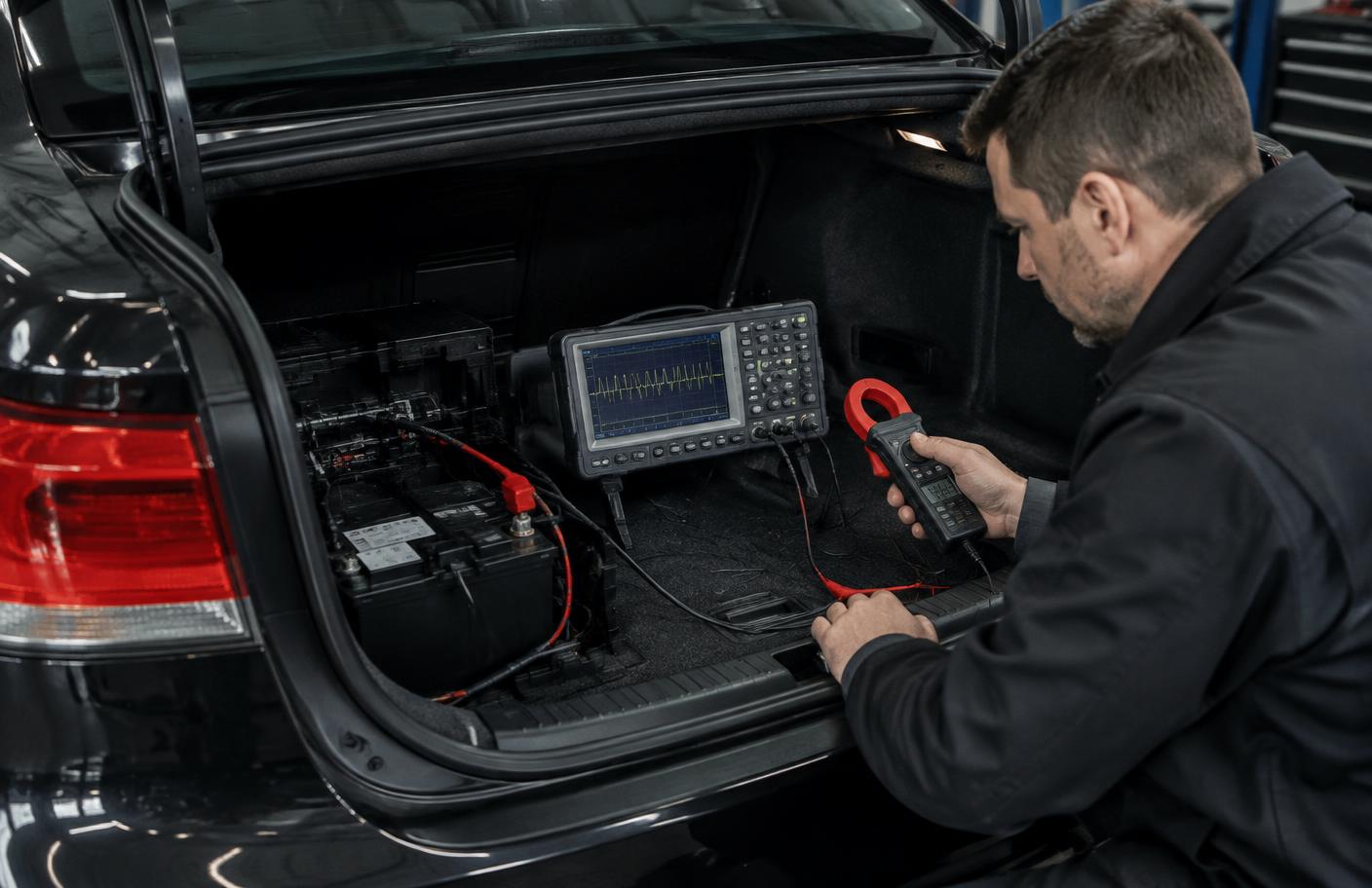 Elektromechanik mierzący pobór prądu oscyloskopem w bagażniku Lexusa GS