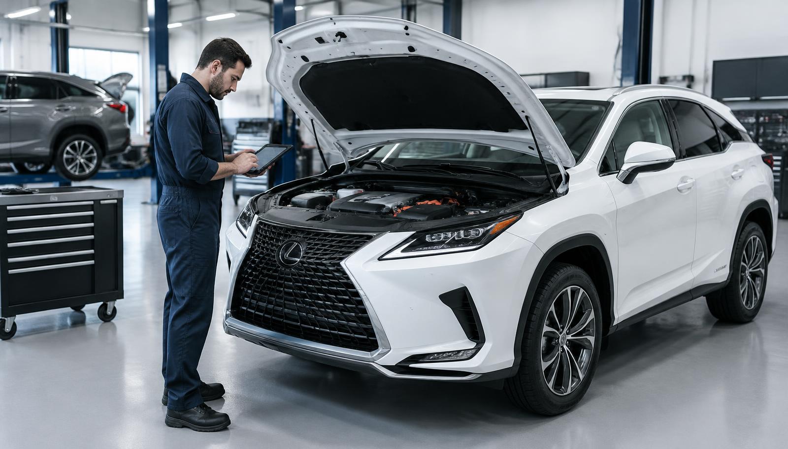 Mechanik z tabletem diagnostycznym przy białym Lexusie RX z otwartą maską