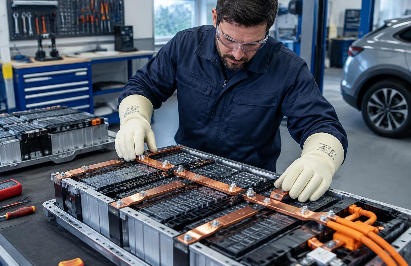 Technik w rękawicach izolacyjnych sprawdzający moduły i szyny baterii hybrydowej
