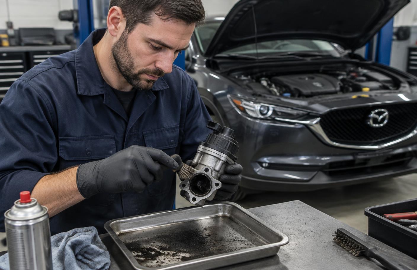 Mechanik czyszczący zawór EGR, w tle Mazda CX-5 z otwartą maską