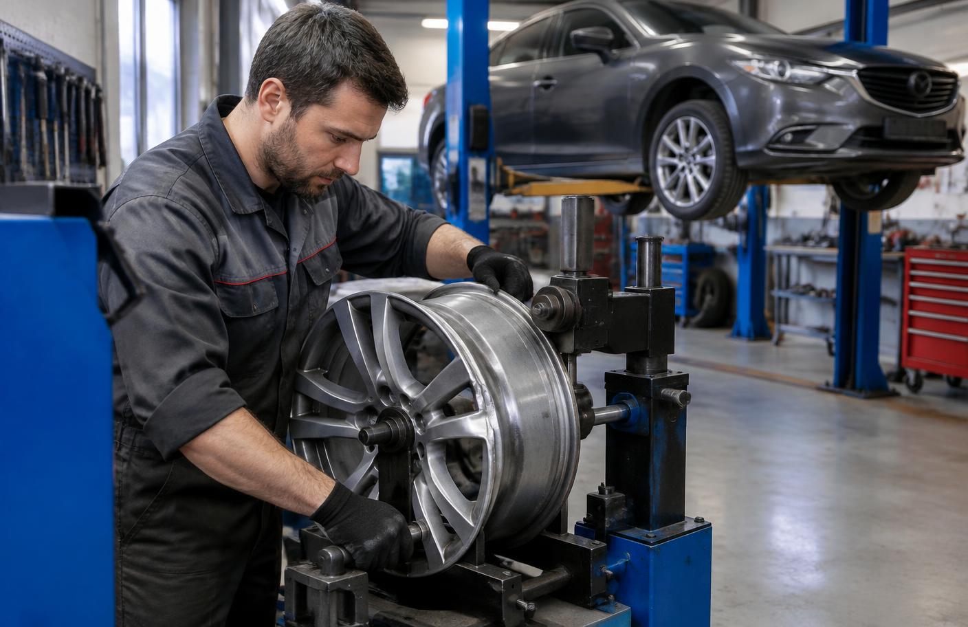 Mechanik prostujący felgę aluminiową, w tle Mazda 6 na podnośniku