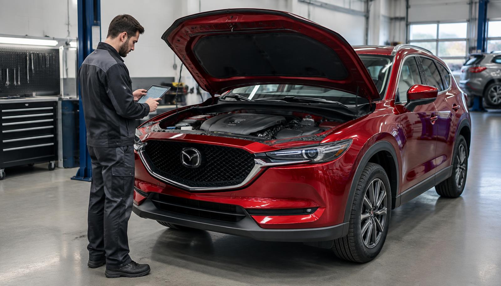 Mechanik z tabletem diagnostycznym przy czerwonej Maździe CX-5 z otwartą maską