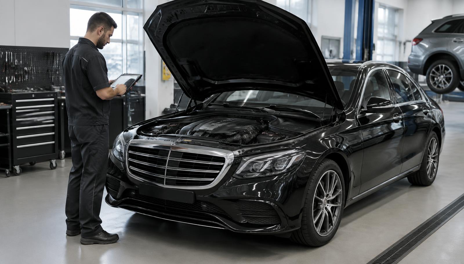 Mechanik z tabletem diagnostycznym przy czarnym Mercedesie-Benz z otwartą maską