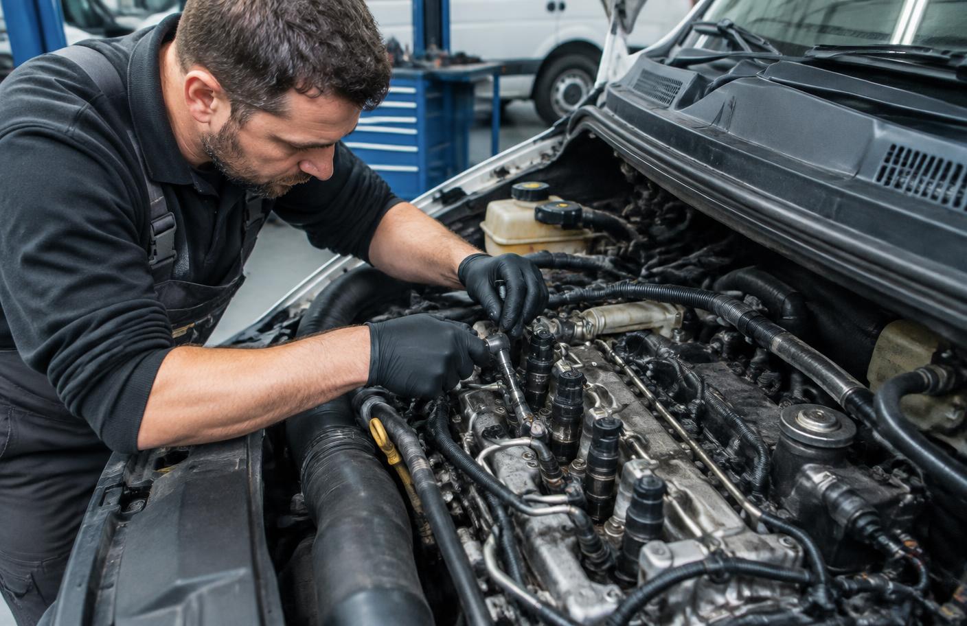 Mechanik sprawdzający wtryskiwacze w silniku wysokoprężnym Mercedesa-Benz Vito