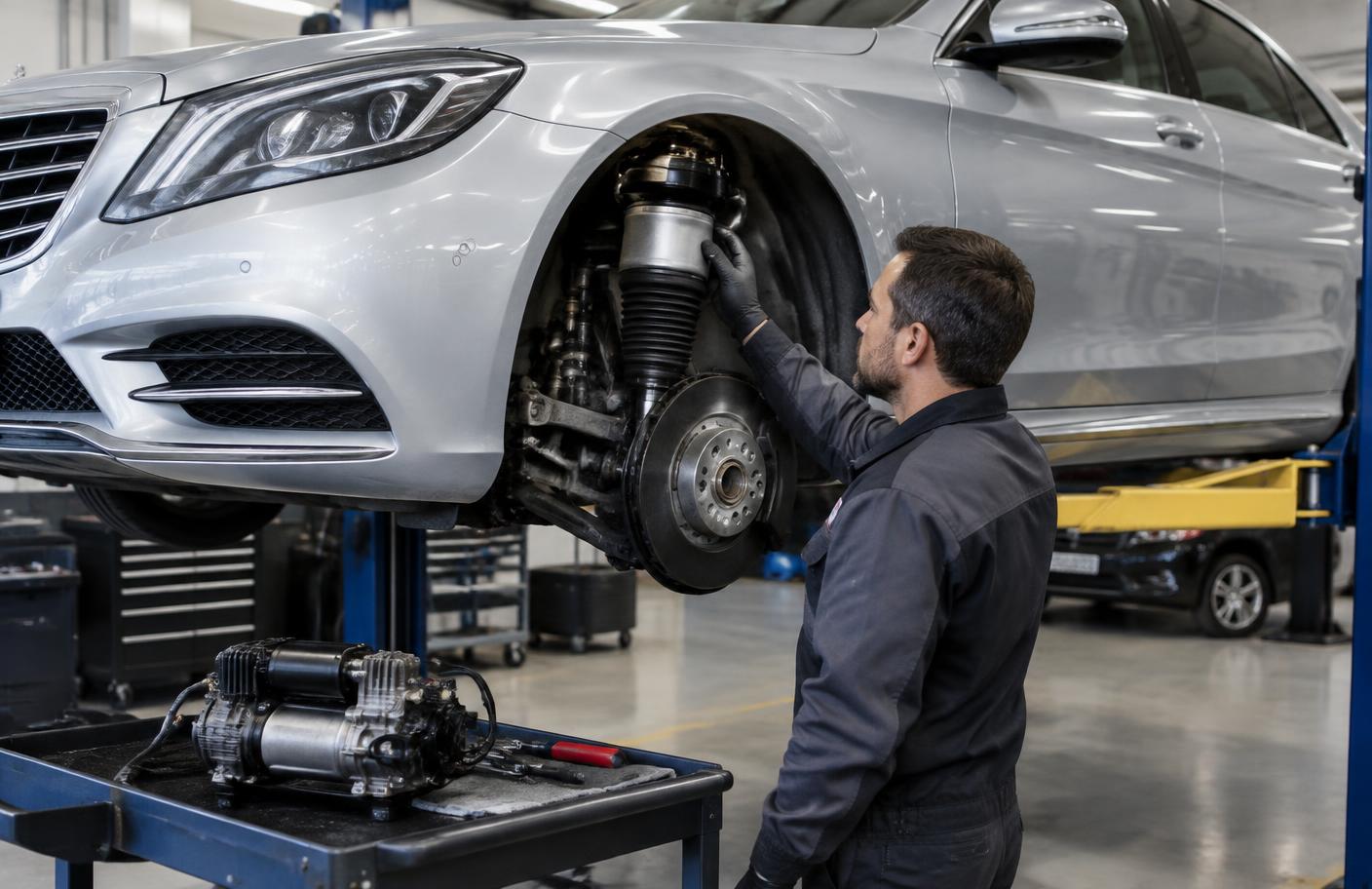 Mechanik sprawdzający miech zawieszenia pneumatycznego Mercedesa-Benz Klasy S na podnośniku