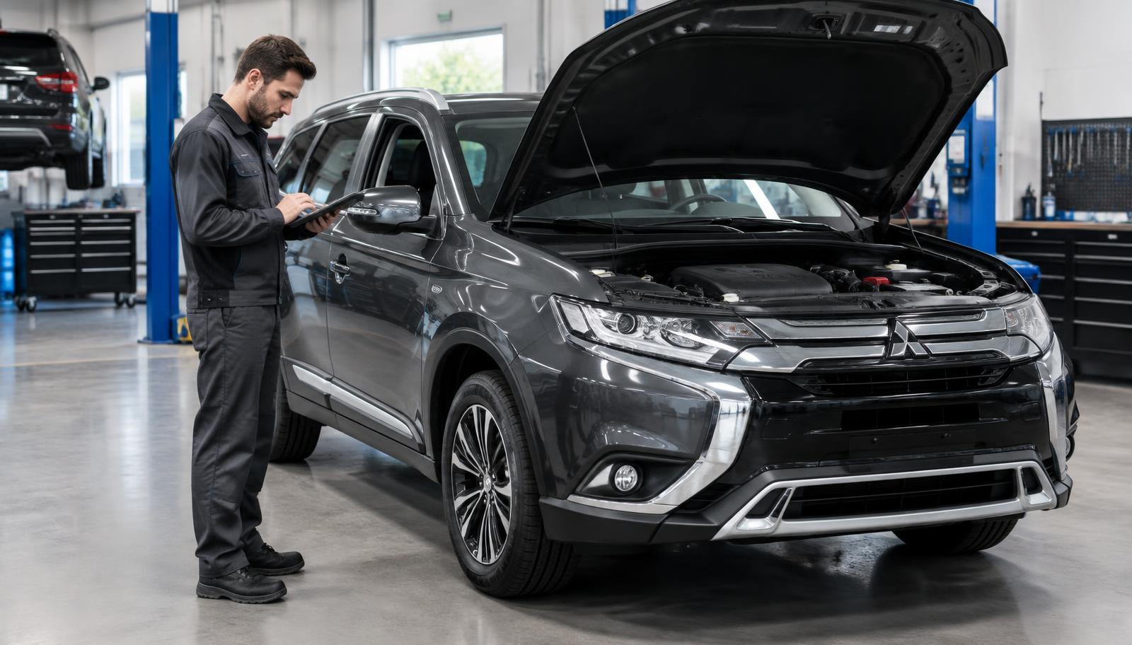 Mechanik z tabletem diagnostycznym przy Mitsubishi Outlander z otwartą maską