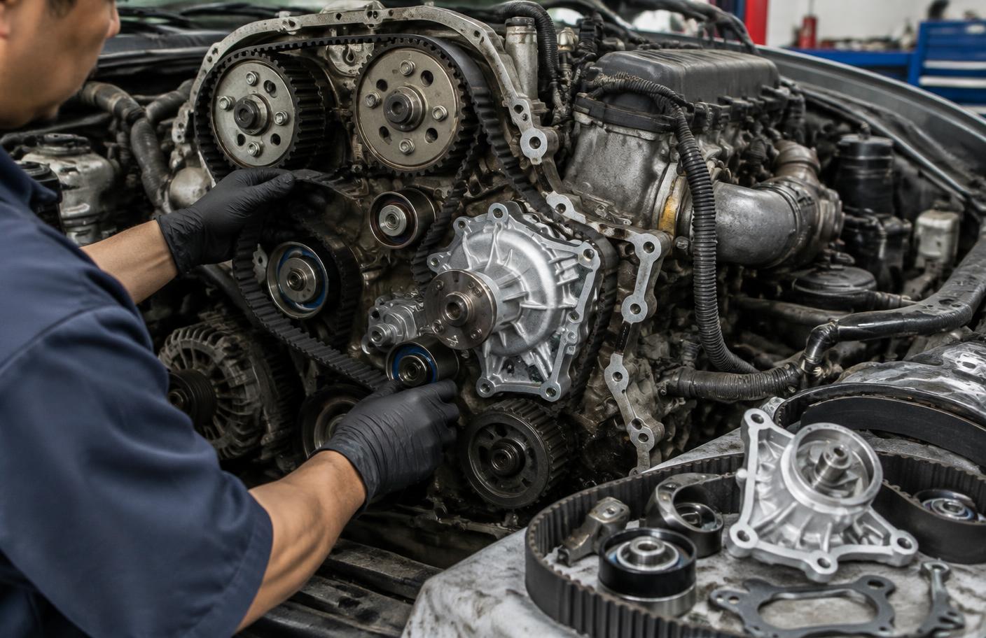 Mechanik wymieniający zestaw rozrządu z pompą wody w silniku wysokoprężnym Mitsubishi