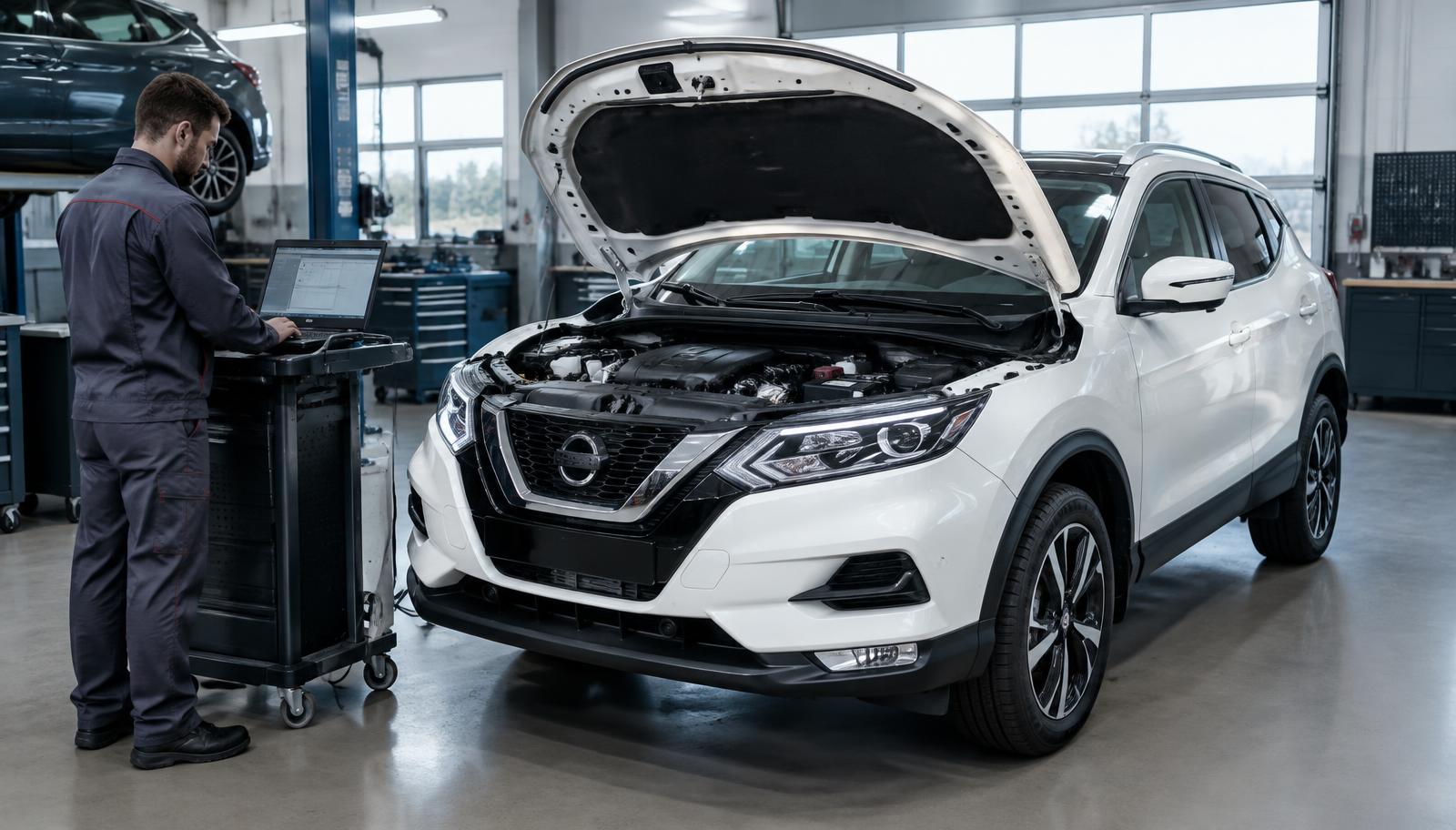 Mechanik z laptopem diagnostycznym przy Nissanie Qashqai z otwartą maską