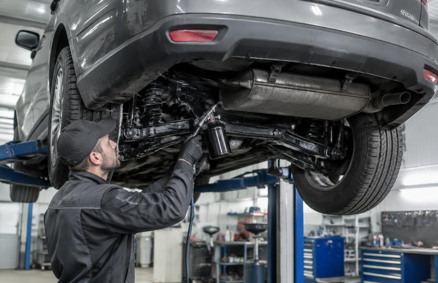 Mechanik nakładający powłokę antykorozyjną na tylne zawieszenie Nissana X-Trail