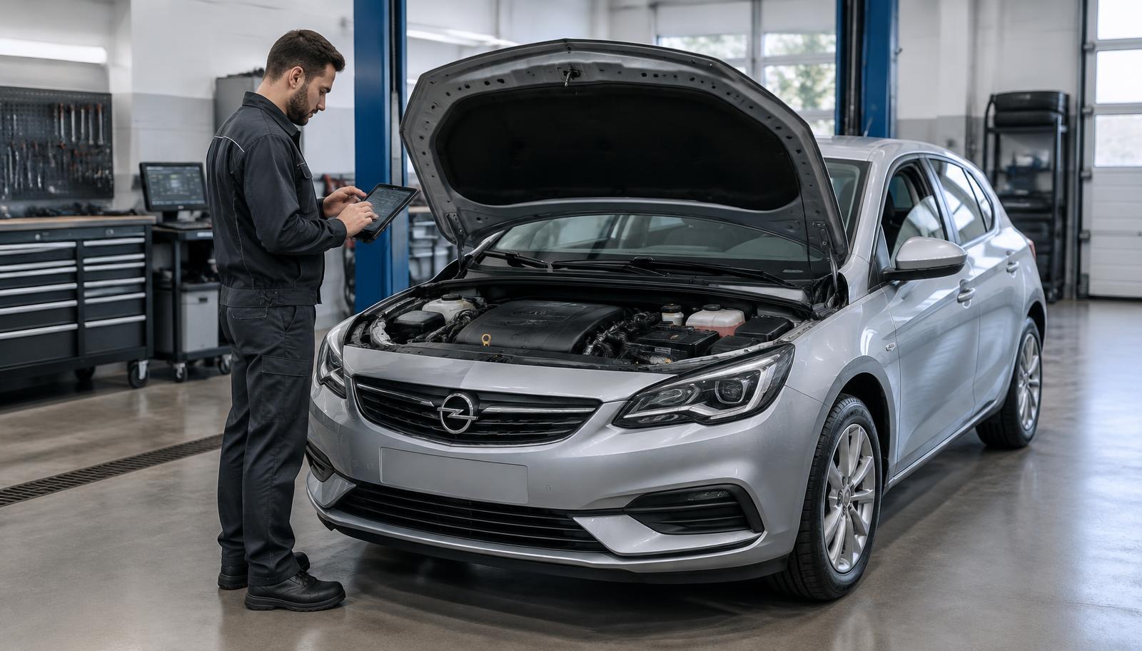 Mechanik z tabletem diagnostycznym przy Oplu Astra z otwartą maską