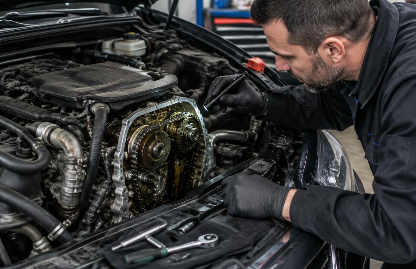 Mechanik sprawdzający łańcuch rozrządu w silniku Opla