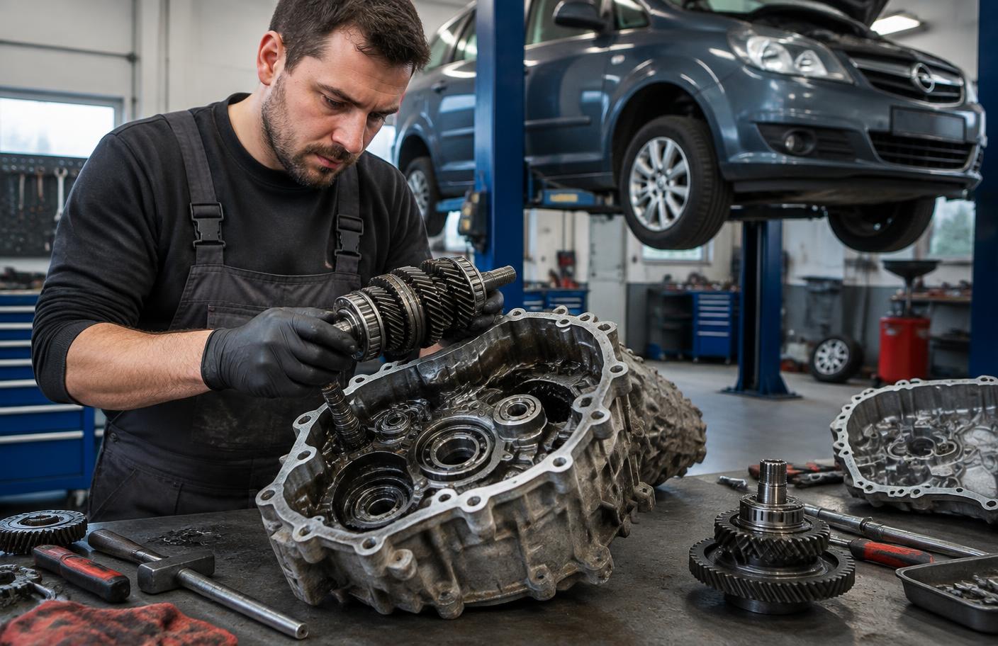 Mechanik regenerujący manualną skrzynię biegów, w tle Opel Zafira na podnośniku