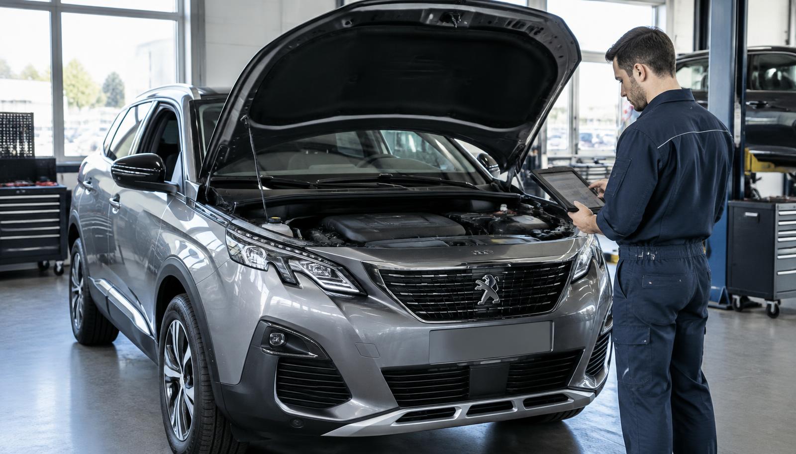 Mechanik z testerem diagnostycznym przy Peugeocie 3008