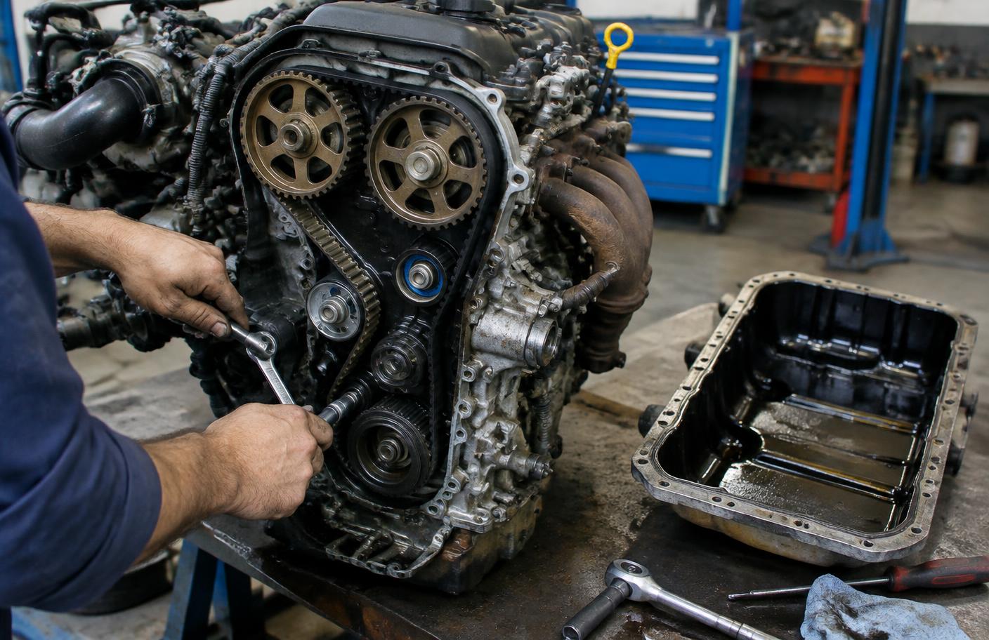 Mechanik wymieniający pasek rozrządu przy zdjętej misce olejowej