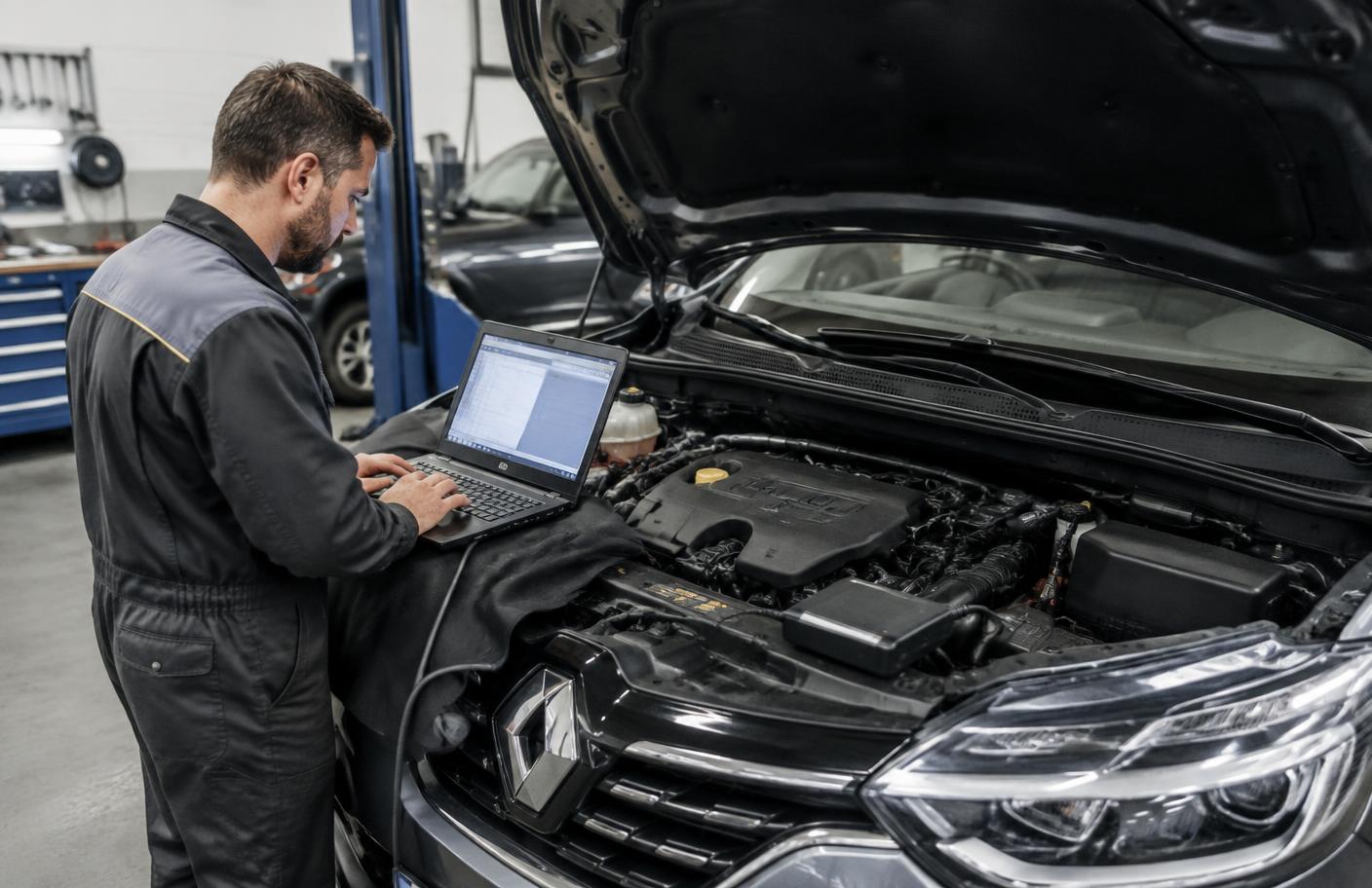 Mechanik z laptopem diagnostycznym przy silniku Renault