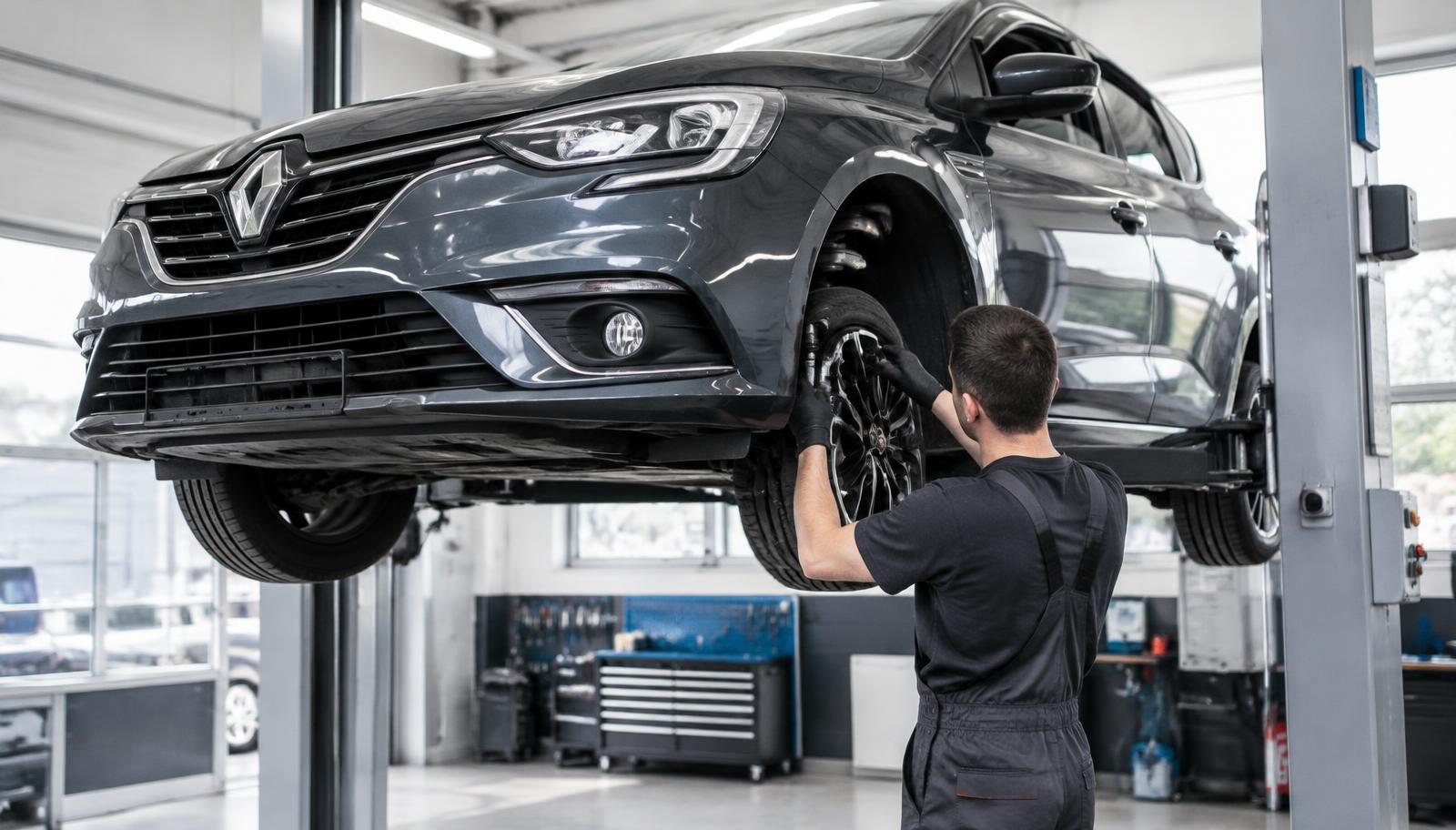 Mechanik kontrolujący zawieszenie Renault Megane na podnośniku