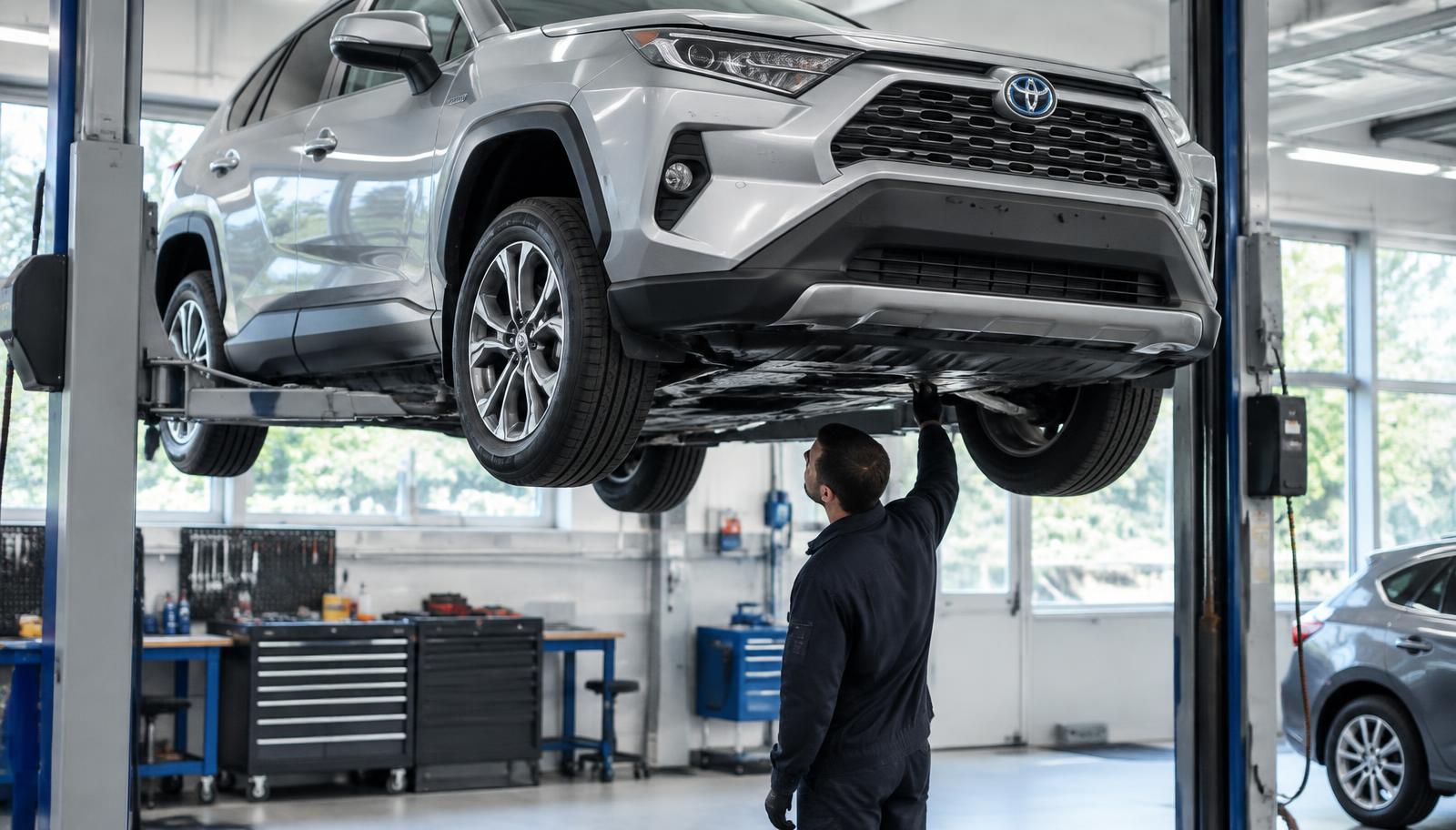 Mechanik kontrolujący Toyotę RAV4 Hybrid na podnośniku